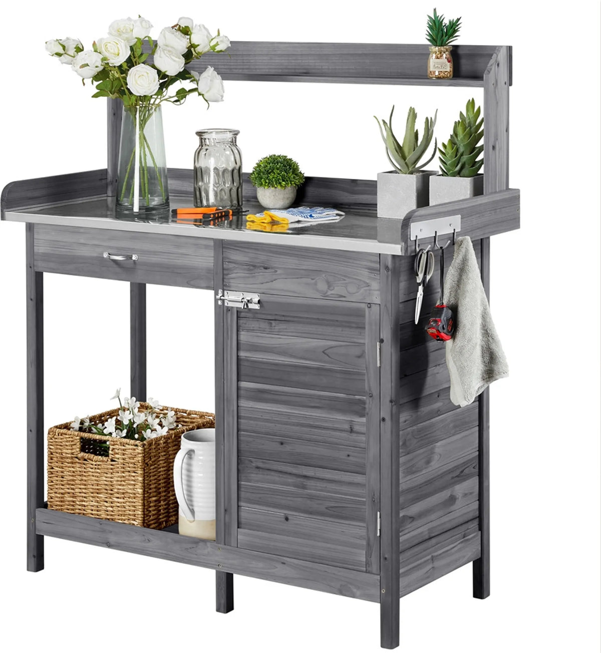 Yaheetech Oppottafel Tuintafel – 101 x 46,5 x 125 cm – Gegalvaniseerd Metalen Werkblad - 3 Zijhaken - Verwijderbare Zijpanelen – Grijs Vurenhout - Metaal