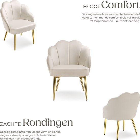 tectake® Cocktailstoel - Gestoffeerd met fluwelen bekleding - Zachte vulling - Gewelfde rugleuning - Stalen poten met poedercoating - Crème/Goud