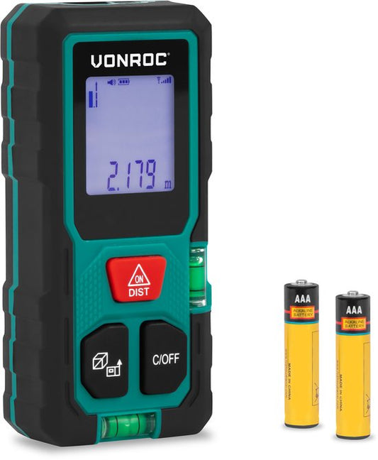 VONROC Laser Afstandsmeter – 50 meter bereik – Zeer compact formaat – meet afstand, oppervlakte, volume, Pythagorisch – Incl. handige rekenfuncties – Incl. batterijen