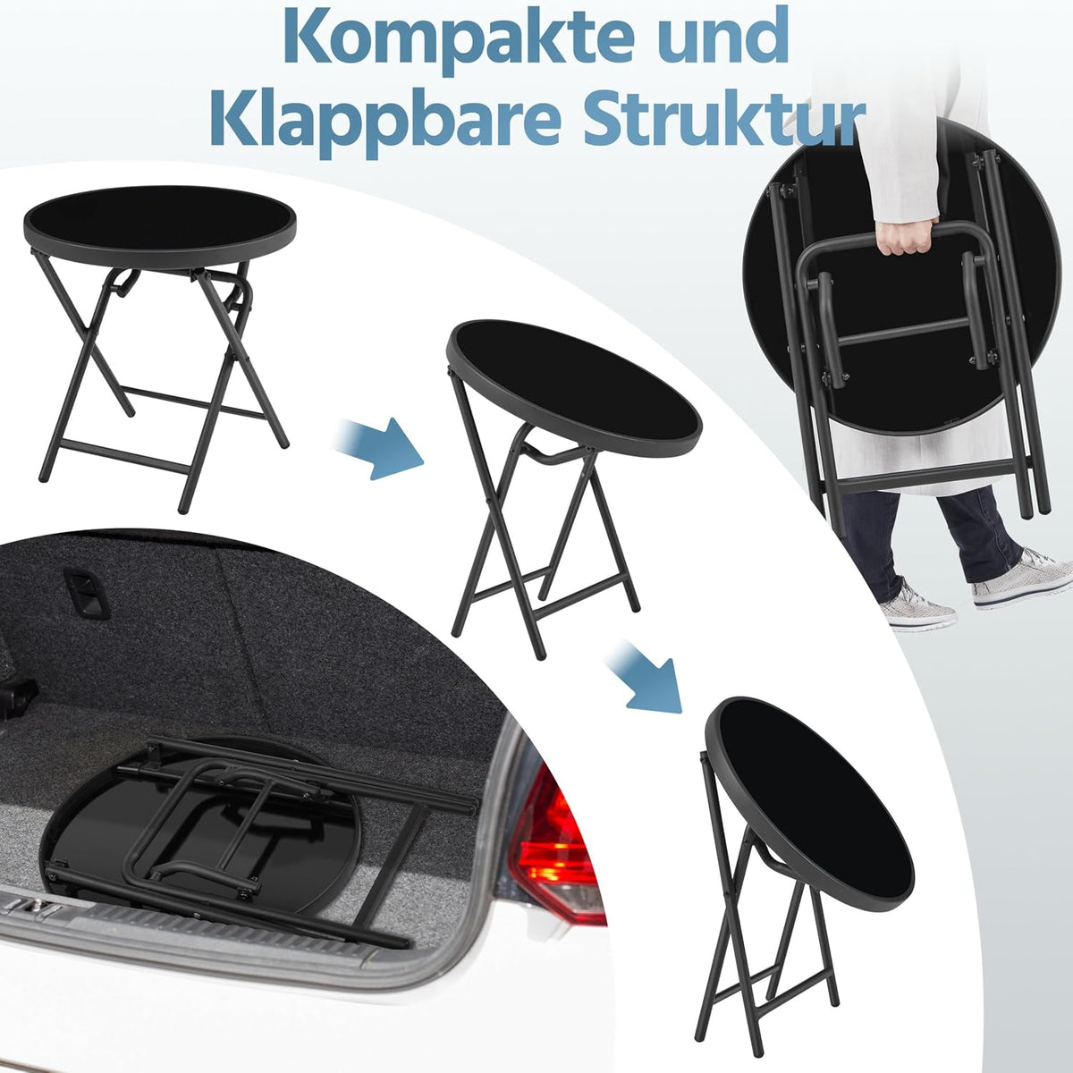 Yaheetech Ronde klaptafel Ø 46 cm – zwart glas en metaal, weerbestendig