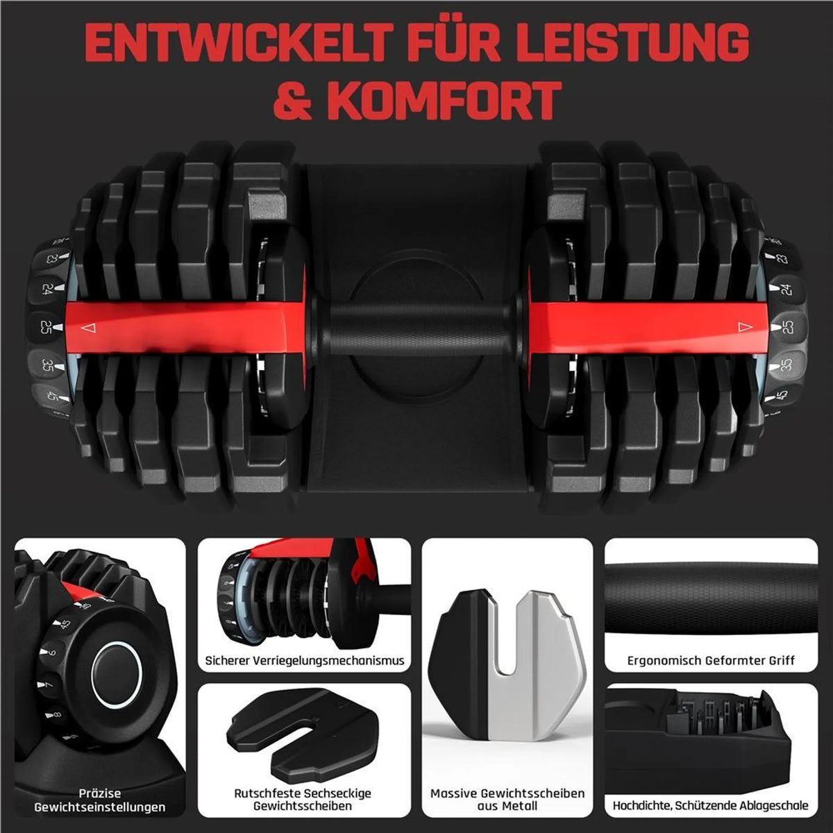 Yaheetech Verstelbare Dumbbellset 2,5-24 kg - 15-in-1 Snelinstelling - Zwart/Rood - 42x21,5x22 cm