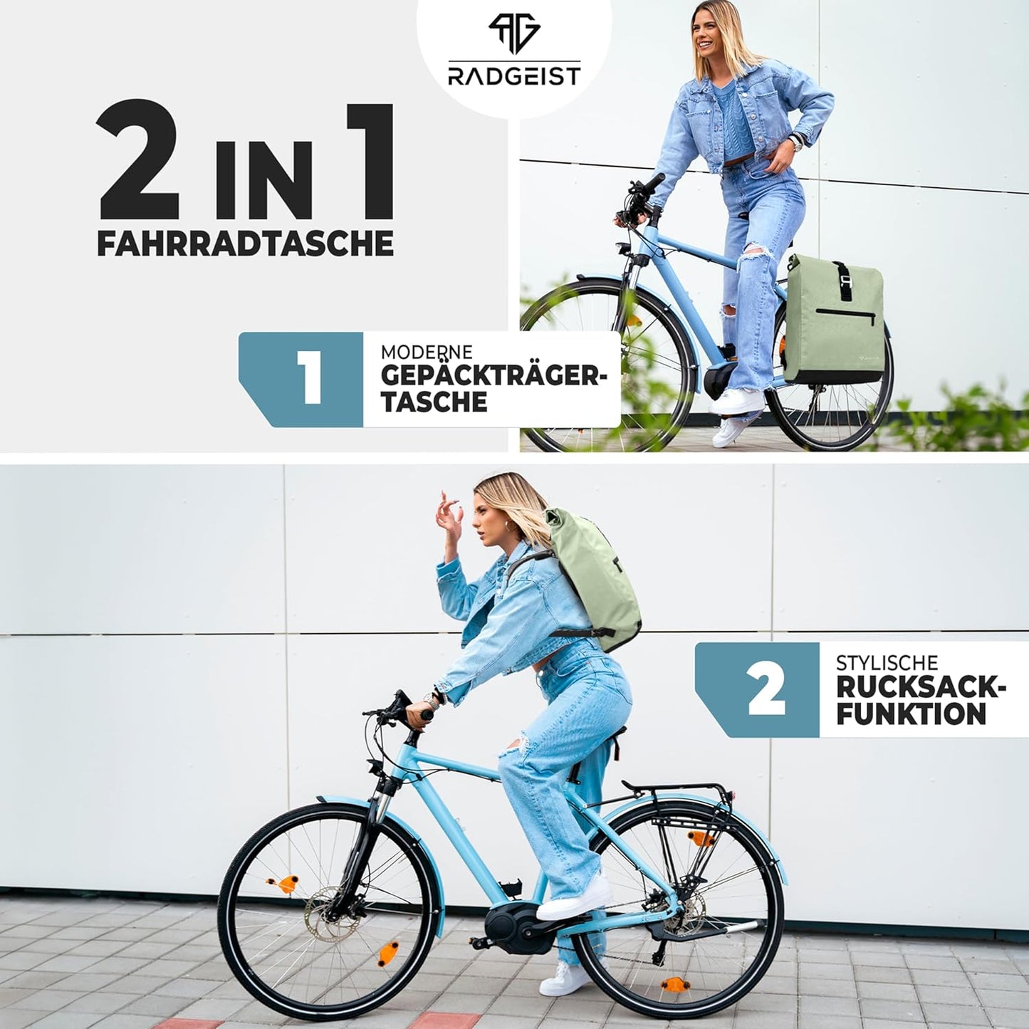 RADGEIST fietstas voor bagagedrager I fietstas & rugzak I fietstas voor dames & heren I schoudertas & fietstas voor fiets 20L Mint