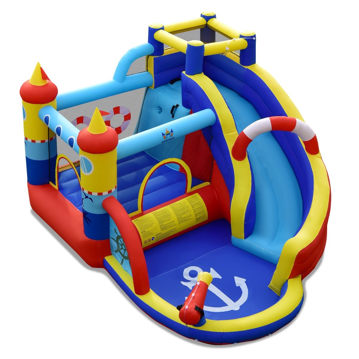 Coast Opblaasbaar Speelkasteel Piratenschip - 5-in-1 Waterpark met Glijbaan en Klimwand - Inclusief Waterpistool en Ventilator - 360 x 290 x 200 cm