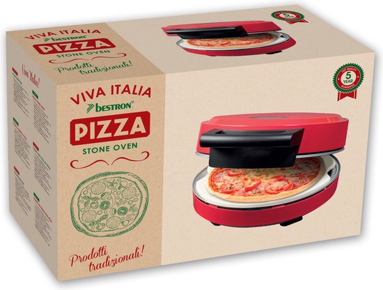 Bestron Turbo Pizzaoven voor pizza's in 5-10 minuten, elektrische pizzaoven met echte maximumtemperatuur van 320°C, inclusief pizzasteen en 2 grote houten spatels, Viva Italia, kleur: Rood