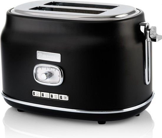 Westinghouse Retro Broodrooster – 2 Sneden – Extra Brede Sleuven – Warmhoudrek – 815W – Zwart
