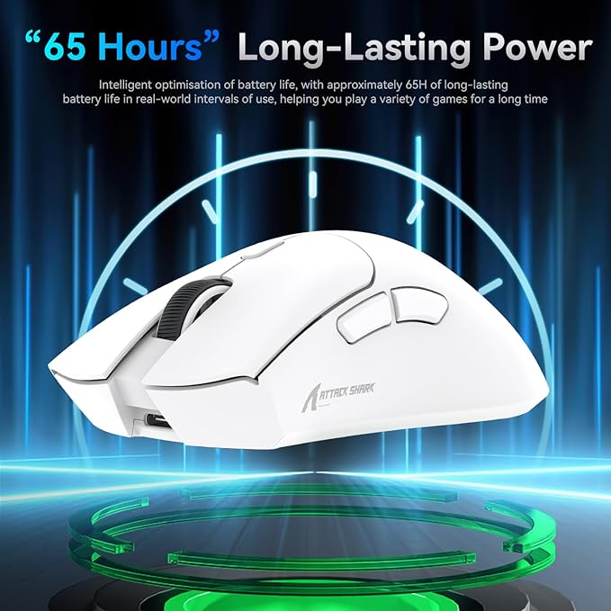 ATTACK SHARK R1 Superlight Gamingmuis 59g – Wit – 12,2 × 6,4 × 3,8 cm – Draadloos & Bedraad – Tot 18.000 DPI – 65 Uur Batterijduur
