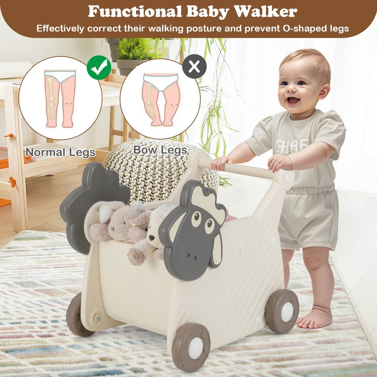 Coast Schaap Loopwagen voor Kinderen - 2-in-1 Opbergwagen en Looprek - 18 Liter - Beige en Grijs