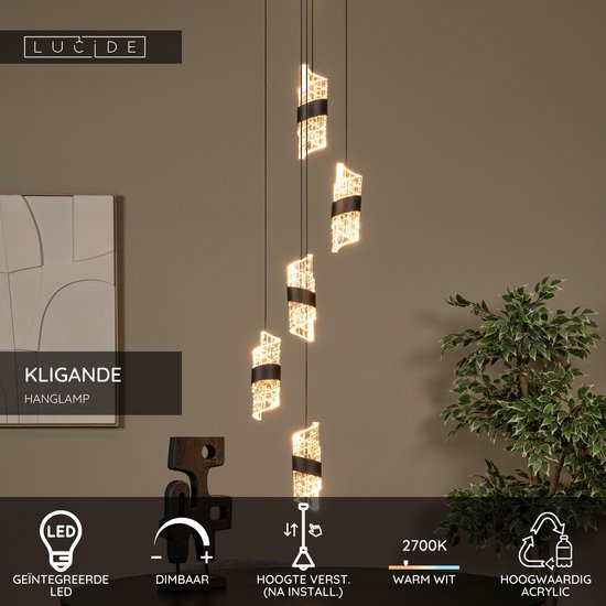 Lucide KLIGANDE - Hanglamp - Ø 30 cm - LED Dimbaar - 5x8W 2700K - Zwart