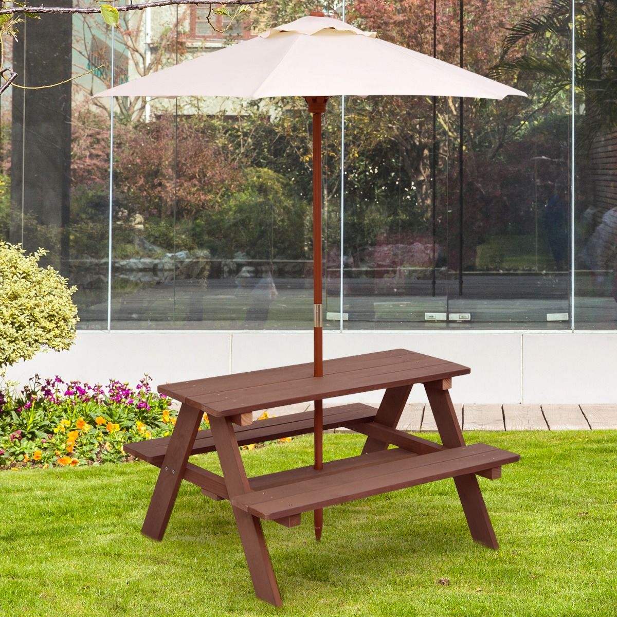 Coast Kinderpicknicktafel - 3-in-1 buitentafel met afneembare paraplu - houten banken - walnootkleur