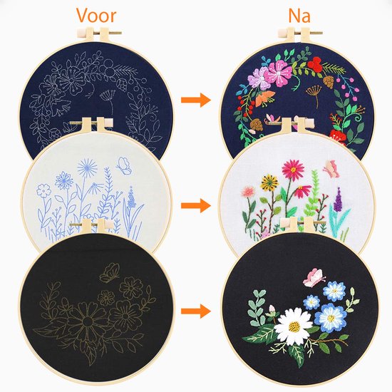 Happy Goods Borduurpakket Bloemen en Vogels - Borduurpakketten Volwassenen - Borduurset van 3 - Hobby en Creatief - Borduren