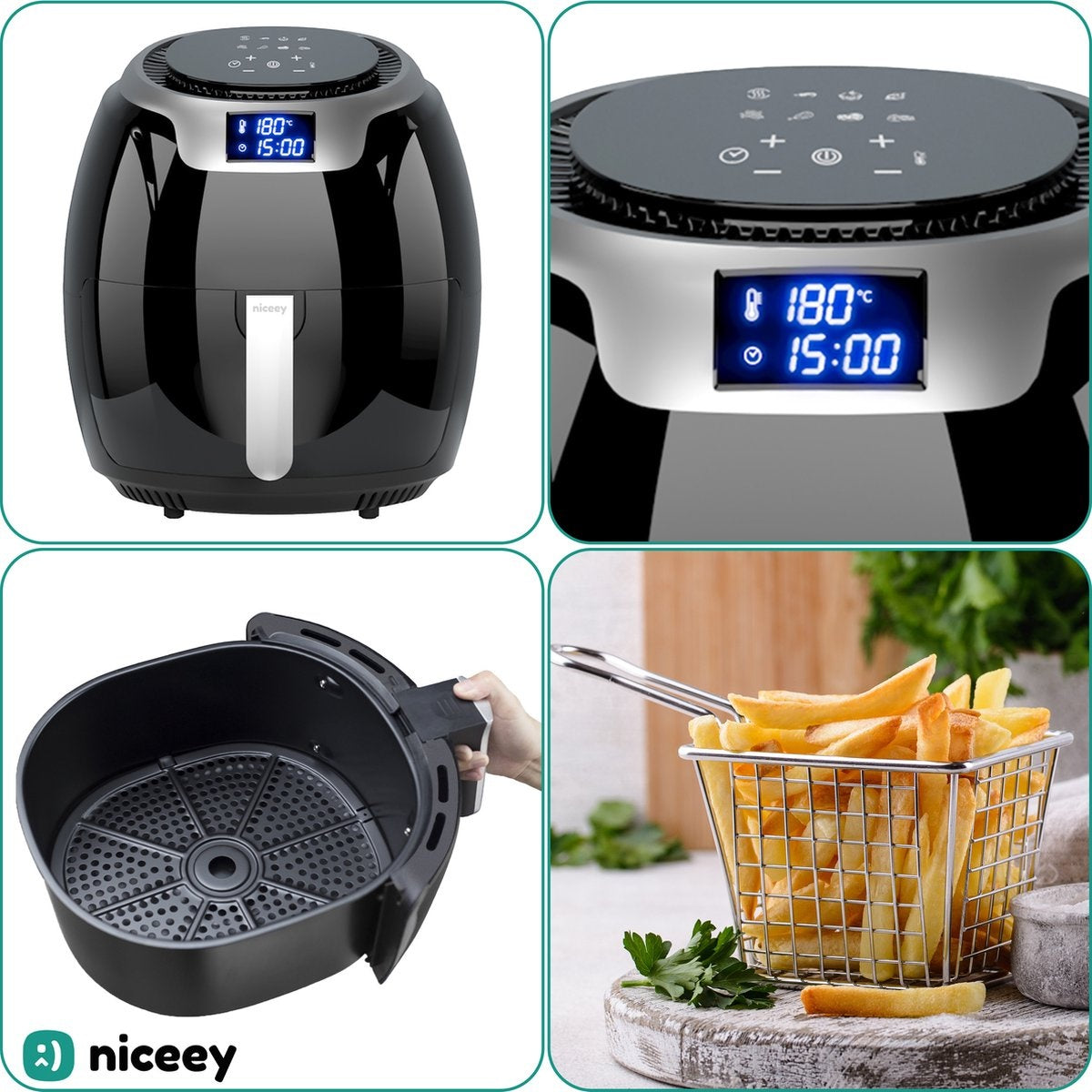 Niceey Airfryer XXL - Heteluchtfriteuse - 8L - 1800W - Zwart