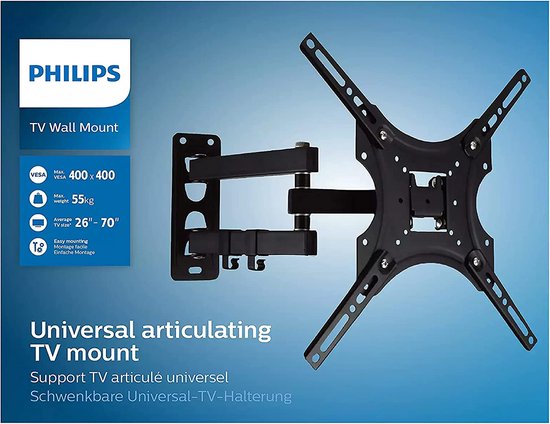 PHILIPS TV Muurbeugel SQM9232/10 - TV's van 26" tot 70" - Max. 35 KG - LED, LCD, QLED, OLED, Curved en Platte TV's - TV-Kabelbeheer - VESA-Montagegaten - Zwart