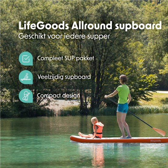 LifeGoods PaddlePro SUP Board - Opblaasbaar Paddle Board - Complete Set - Max. 135KG - 320x81cm - Wit/Oranje