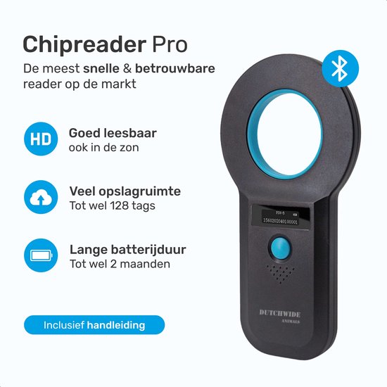 Dutchwide Chipreader Pro - Chiplezer Huisdier - Chip Reader Kat & Hond - Tot 128 tags - ISO11784/85 - EMID - FDXB
