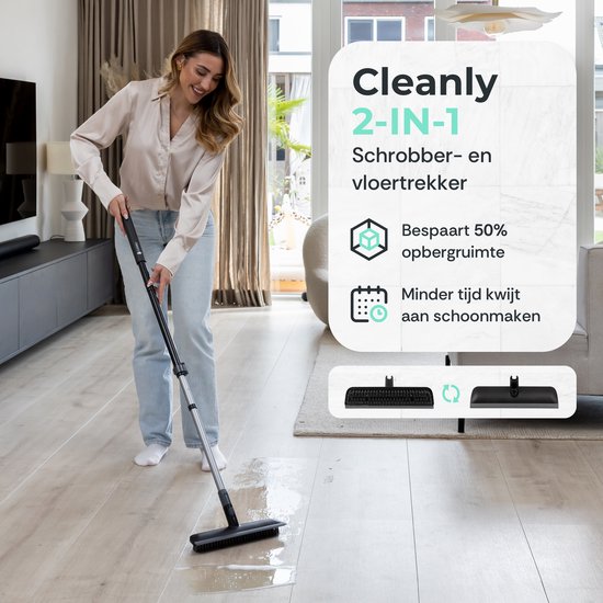 CLEANLY Schrobber en Vloertrekker met Steel - Schoonmaakborstel - Schuurborstel - Schrobber met Steel - Schrobborstel - Luiwagen - Verstelbaar 116-144 cm - Breedte 30,5 cm - Zwart, Grijs