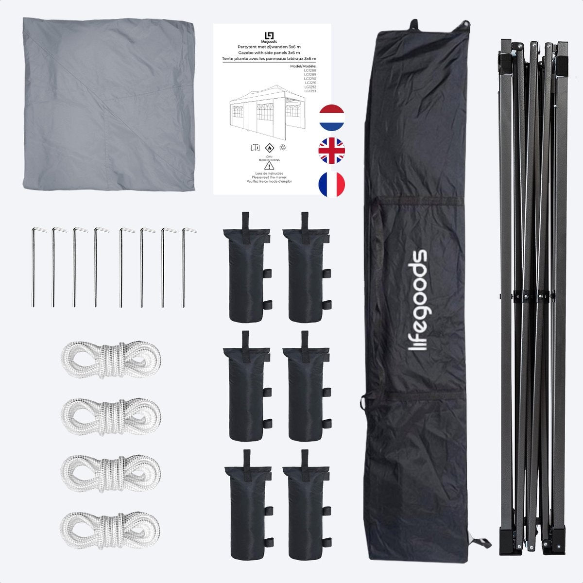 LifeGoods Partytent - Paviljoen - EasyUp - Opvouwbaar - 4 Zijwanden - Waterdicht - Met Draagtas met wieltjes - 300 x 600 cm - Donkergrijs