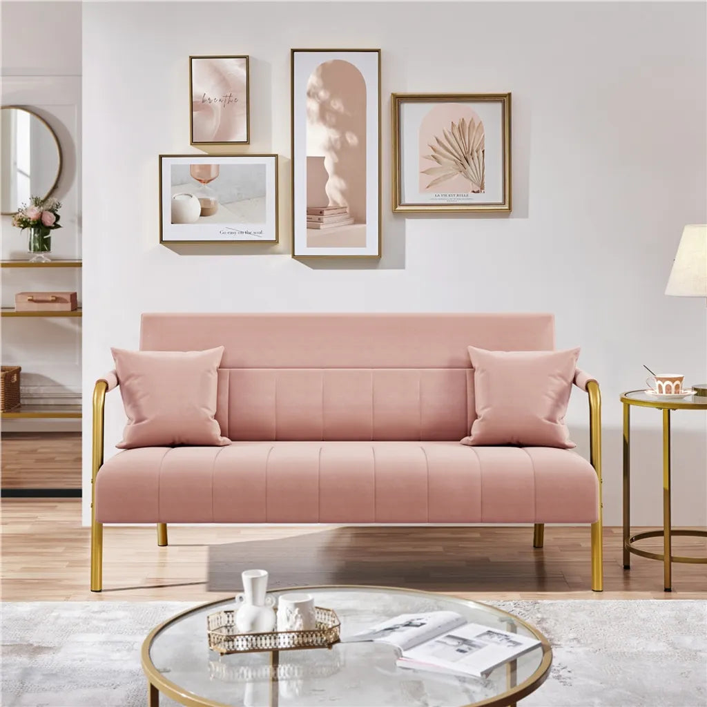 Yaheetech 2-zits Bank met Armleuningen en 2 Lendekussens - Roze - 143,5 x 71,5 x 75,5 cm