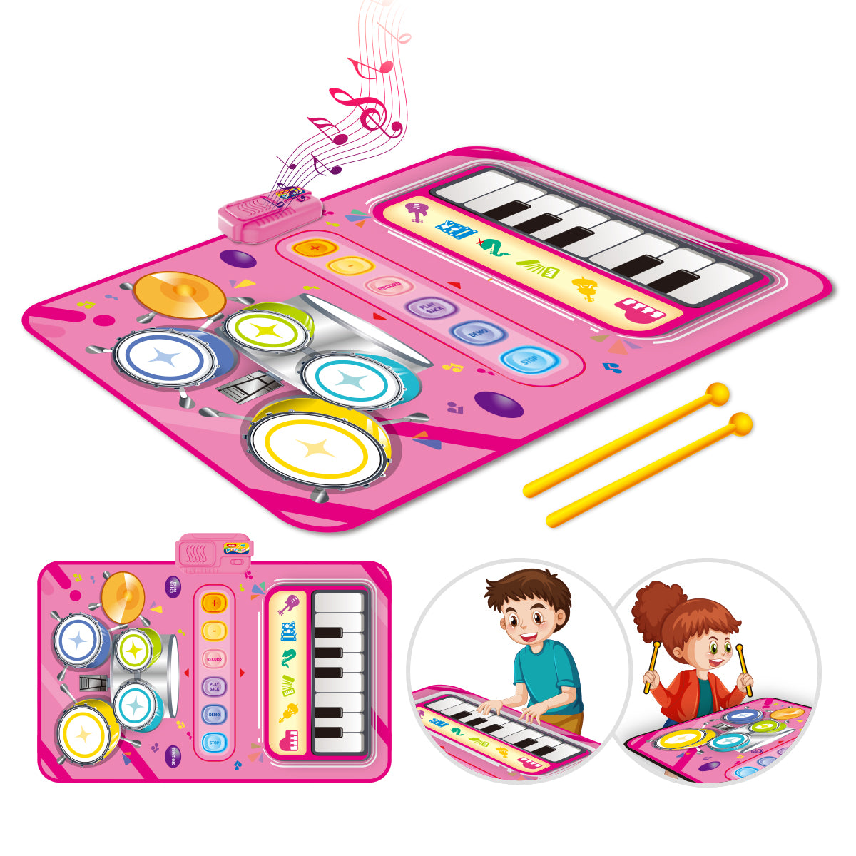 2-in-1 Muziekmat voor Kinderen – Piano & Drums – 33 Geluiden – 80 x 50 cm