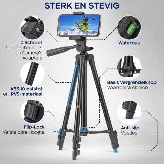 Studio ME Telefoon Statief - 128 cm - Tripod Smartphone - Zwart - Camera Statief - Telefoonhouder - Incl. Bluetooth Afstandsbediening - Statief Telefoon
