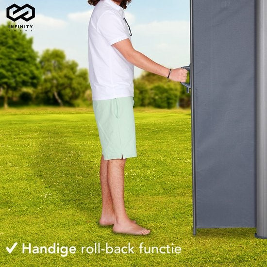 Infinity Goods Uittrekbaar Windscherm – 300 x 140 cm – Uitschuifbaar – Oprolbaar – Zonnescherm – Tuin, Strand, Terras, Balkon, Camping - Privacy – Zijluifel – Weerbestendig - Antraciet
