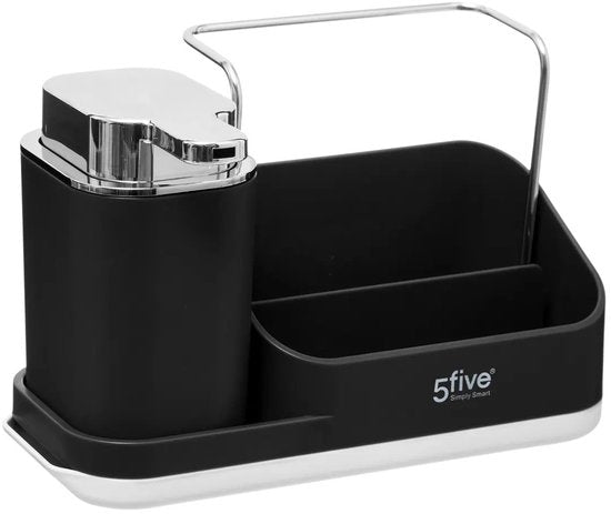 5Five Zeeppompje met keuken aanrecht organiser - zwart - 3 compartimenten - kunststof - 22 x 13 x 14 cm