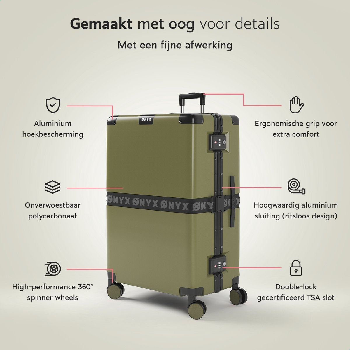 ONYX Check-in koffer 100L - TSA slot - Spinner wielen - Lichtgewicht Trolley - Aluminium sluiting - Olive groen