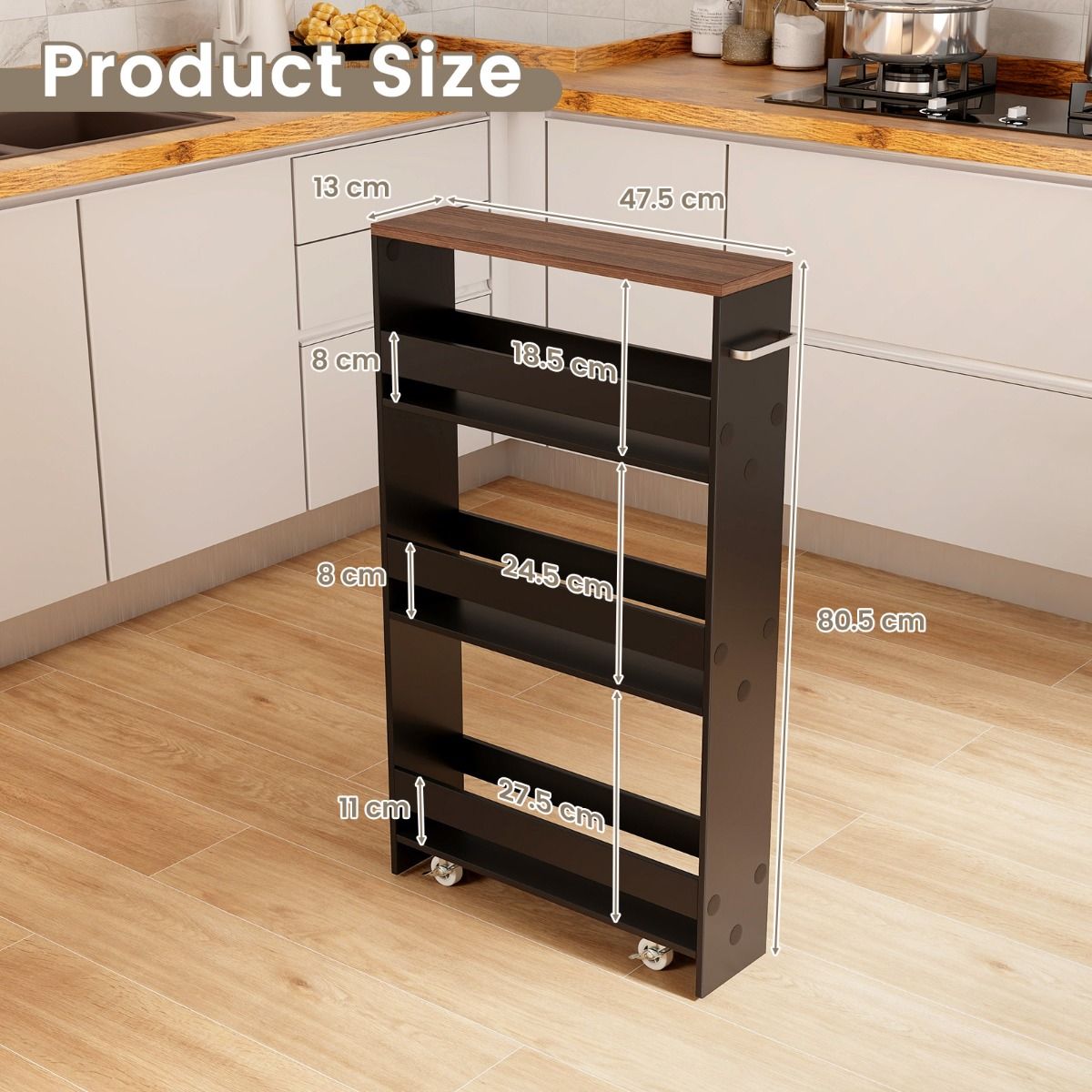 Coast Keukenwagen Op Wielen - 4-Laags - 47.5 x 13 x 80.5 cm - Zwart/Natuur