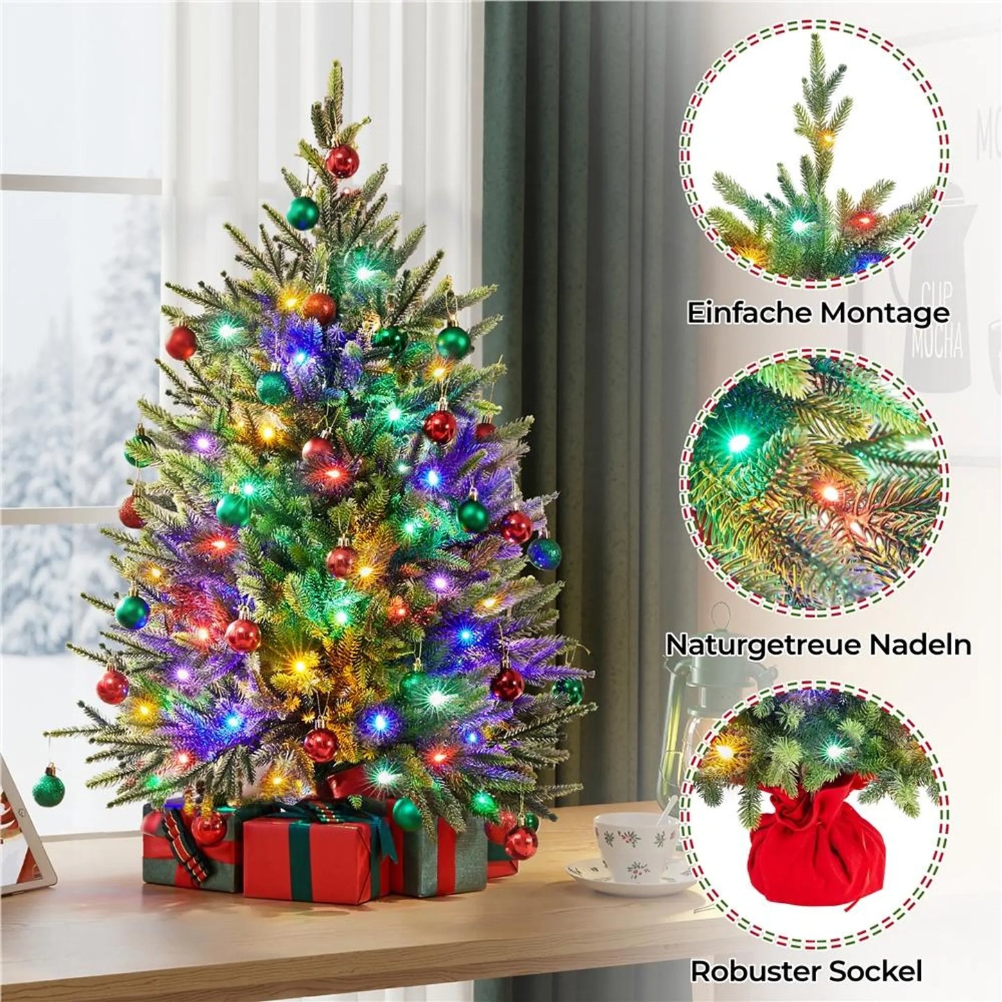Yaheetech Kunstkerstboom Inclusief 50 Gekleurde Led-verlichting – Voorzien Van 143 Takpunten En 8 Lichtmodi En Cementen Basis – Voor Vensterbank En Tafel – Groen Pvc En Beton – 58 x 58 x 91,5 cm
