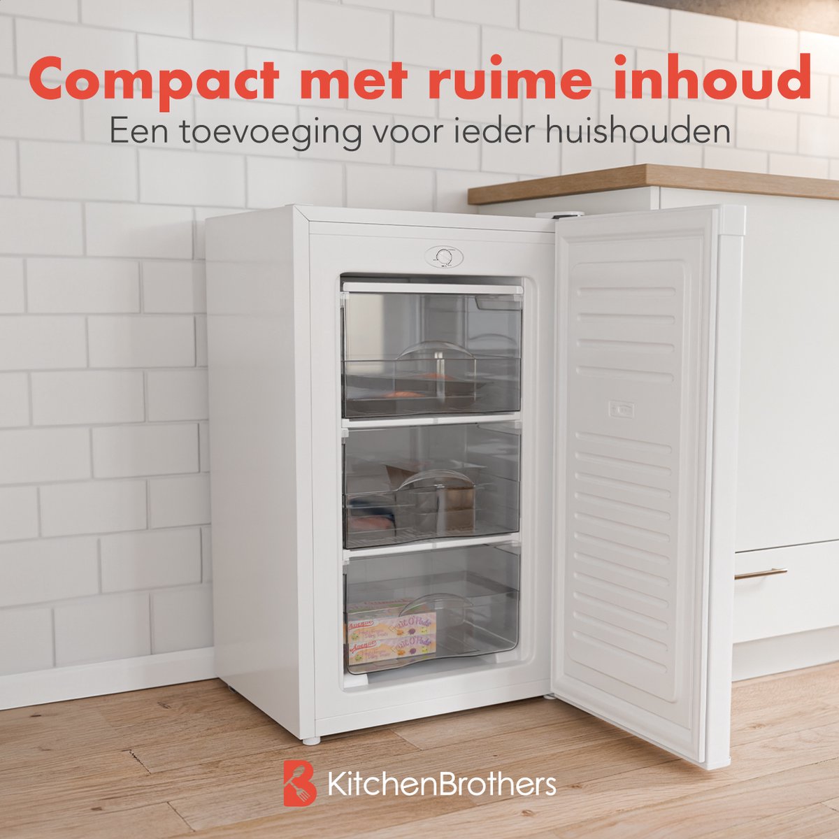 KitchenBrothers Diepvriezer - 64L - Compact Tafelmodel - 3 Vrieslades - Diepvrieskast - Vrijstaand - Wit