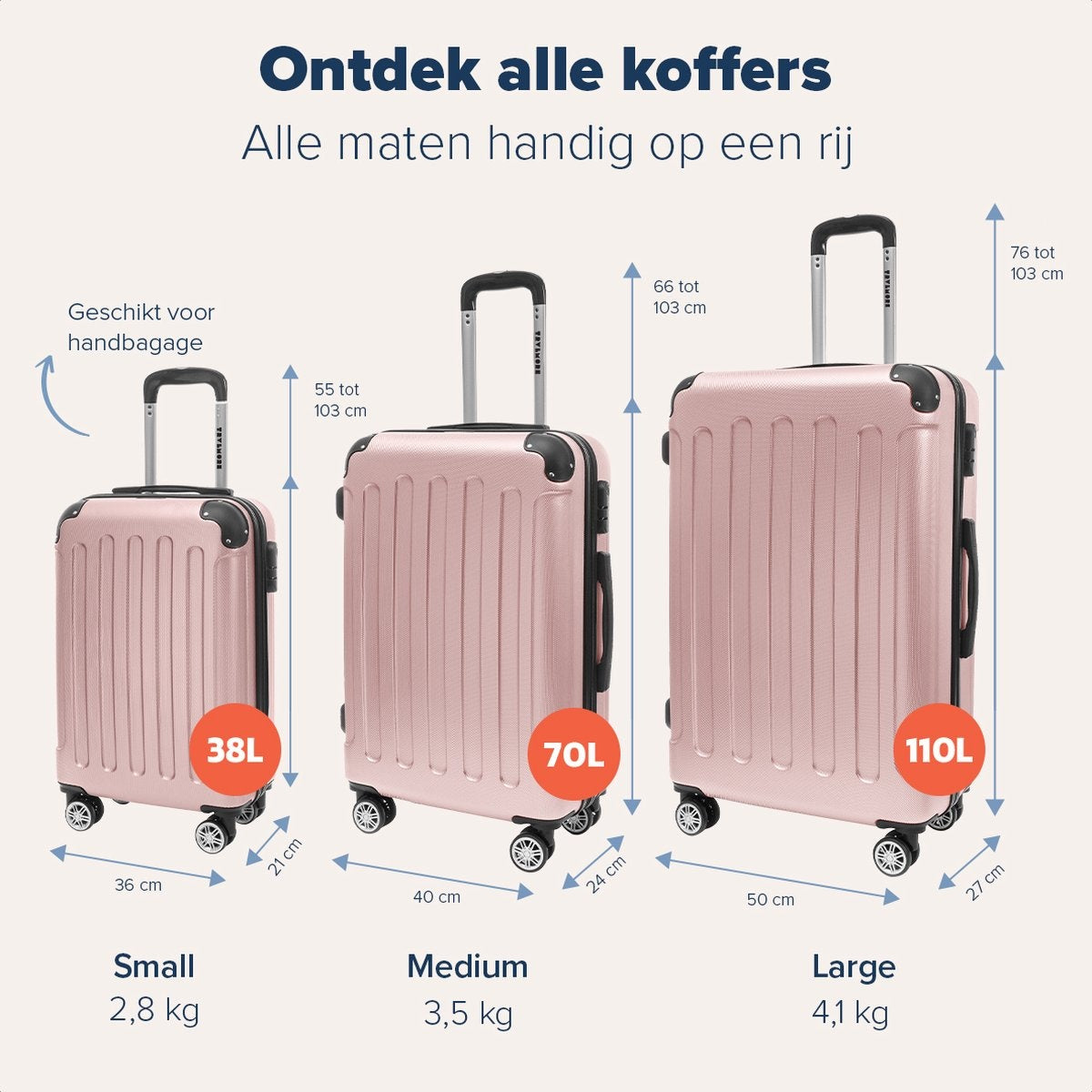 TRVLMORE Kofferset - 2 Delig - 38L Handbagage + 110L Ruimbagage - Roségoud