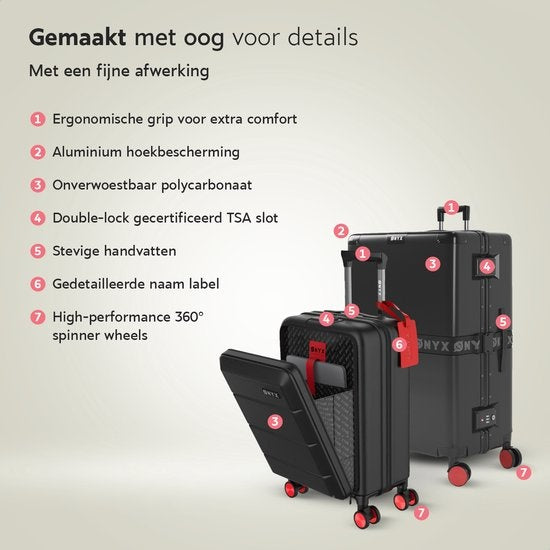 ONYX 2-delige Kofferset - Handbagage met voorvak en Check-in koffer - 35L/100 L - TSA slot - Lichtgewicht Trolley - Aluminium sluiting - Zwart