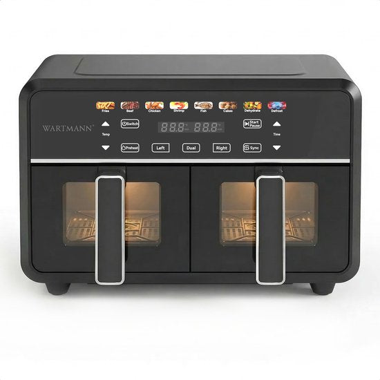 Dubbele Airfryer XXL 11L - PFAS-vrije Heteluchtfriteuse - Infrarood - Dual Zone - 2 x 5.5L - 40–200°C - 8 Kookprogramma's - 2850W - WM-2511 AF - Zwart