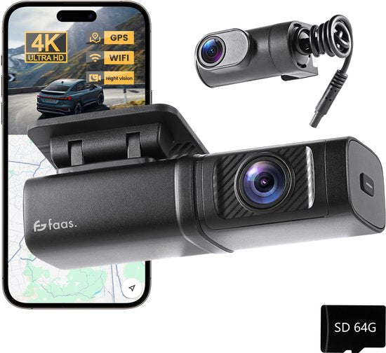 Dashcam voor Auto Voor en Achter - 4K en 64GB - Dual Dashcam - G-sensor en Time-lapse Functie - Zwart - van Faas