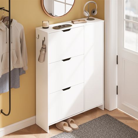 SoBuy Schoenenkast 84 x 24 x 121 cm - Wit - 3 Klepdeuren - 3 Laden - Ruimte voor 12 Paar Schoenen