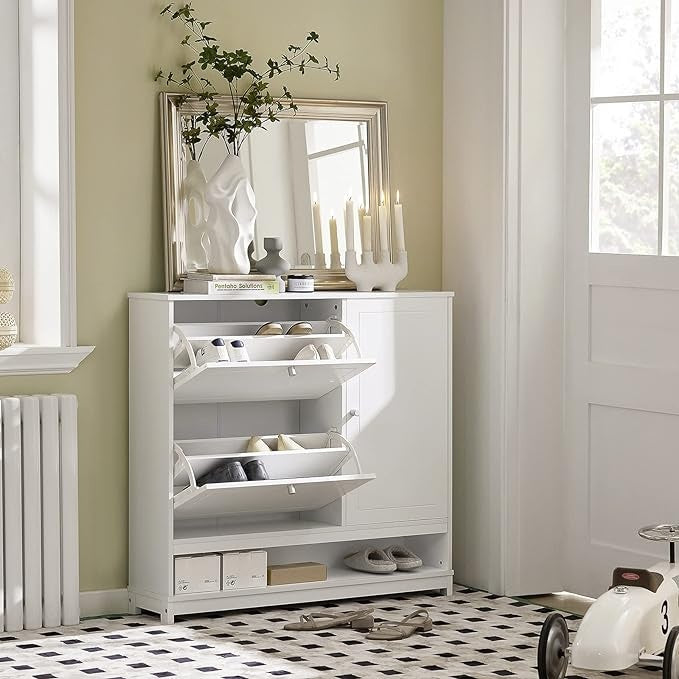 SoBuy FSR114-W Schoenenrek met 2 kleppen, 1 open vak en 1 deur schoenenkast smal schoenenrek wit BHT ca.: 102x96x24cm