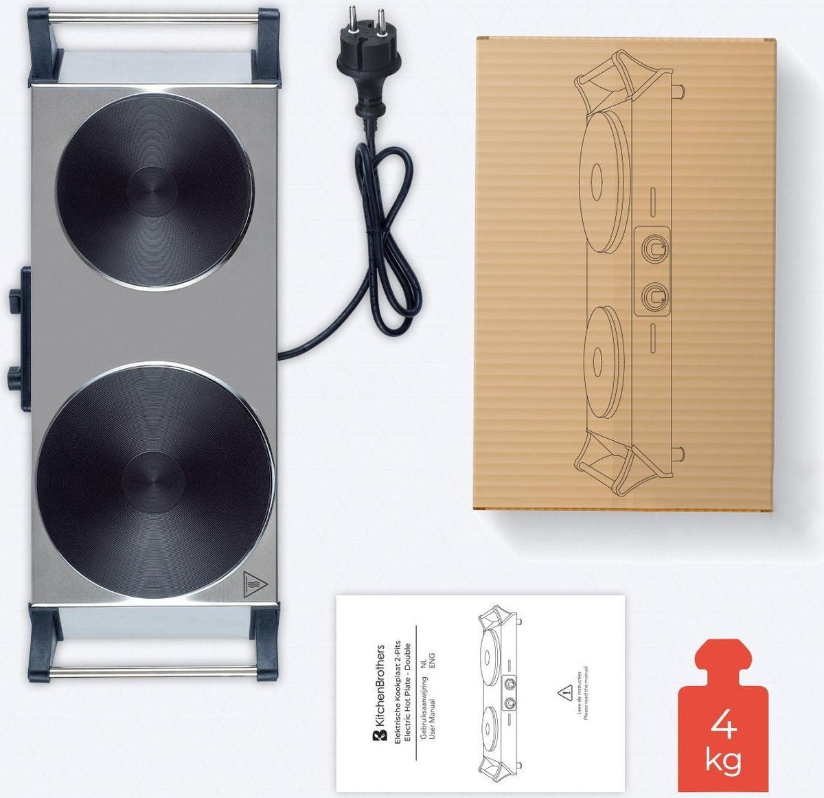 KitchenBrothers Elektrische Kookplaat - 2 Pits - 2500W - RVS