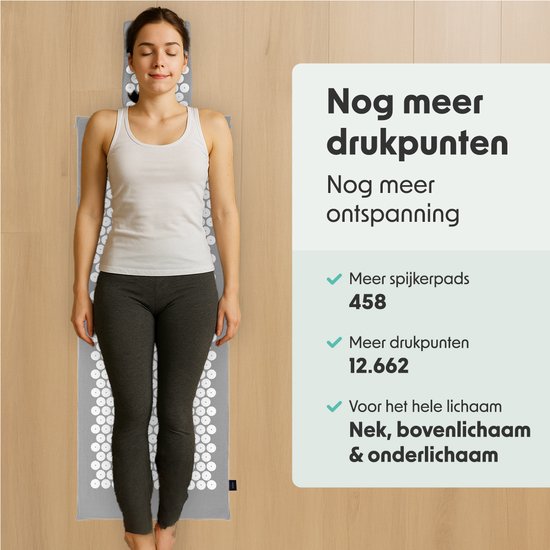LifeGoods Acupressuur Mat XL - 128x48x2cm - Spijkermat met Kussen - Shakti mat - Spijkerbed Incl. 2x Triggerpoint Bal - Grijs/Wit