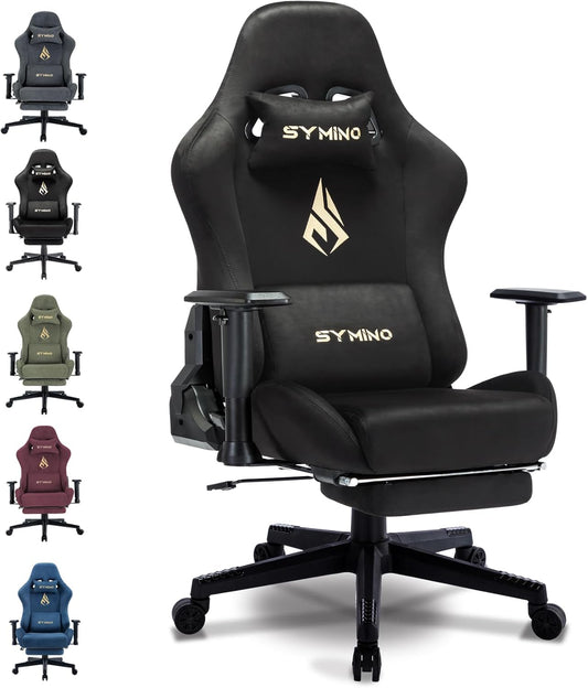 Symino gamingstoel van zachte stof met voetsteun, zwart