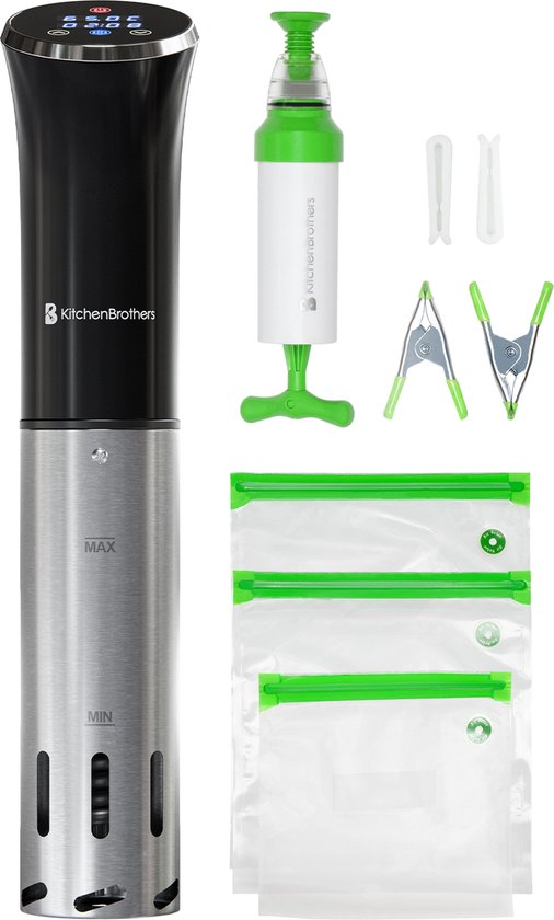 KitchenBrothers Sous Vide Stick – Incl. Accessoires – 1200 W – 11 x 7,5 x 34,7 cm – Zwart/RVS