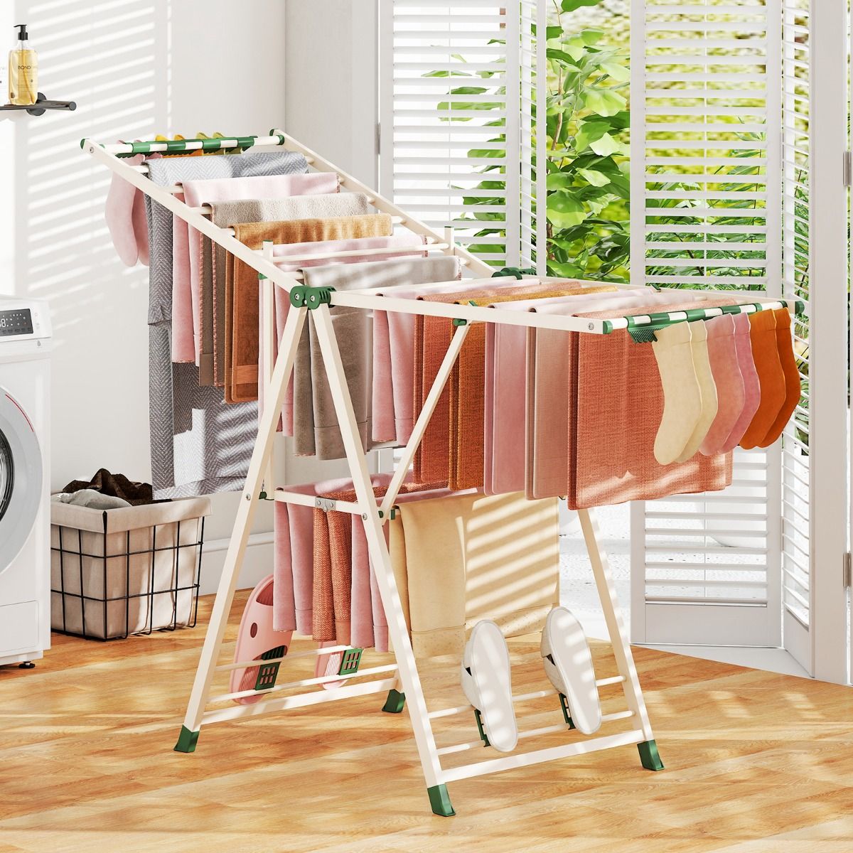 Coast Opvouwbaar Droogrek - verstelbare vleugels - sokkenclips en schoenenrekken - wit/beige 163 cm