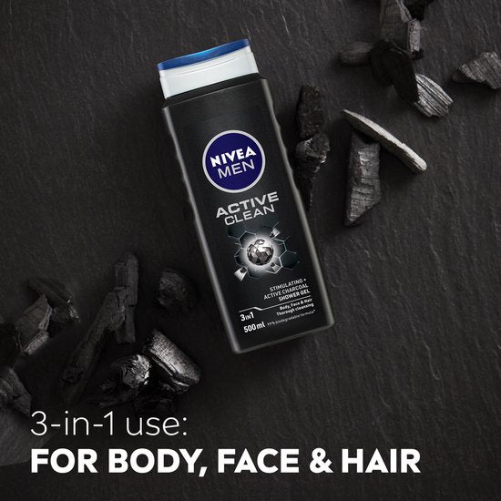 NIVEA MEN Active Clean Douchegel - 3-in-1 Shower Gel Met natuurlijk actief houtskool - Shampoo - Voordeelverpakking - 6 x 500 ml