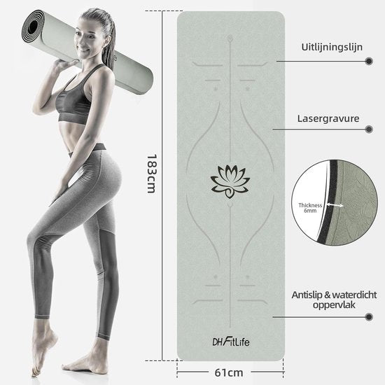 DH FitLife yogamat van TPE, 183 x 61 x 0,6 cm, gymnastiekmat, trainingsmat aan beide zijden antislip & milieuvriendelijk, fitnessmat met oriëntatielijnen (Grijs)