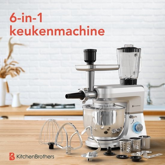 KitchenBrothers Keukenmachine - Complete Set - 15 Accessoires - Keukenrobot - 6L - 1500W - Zilver