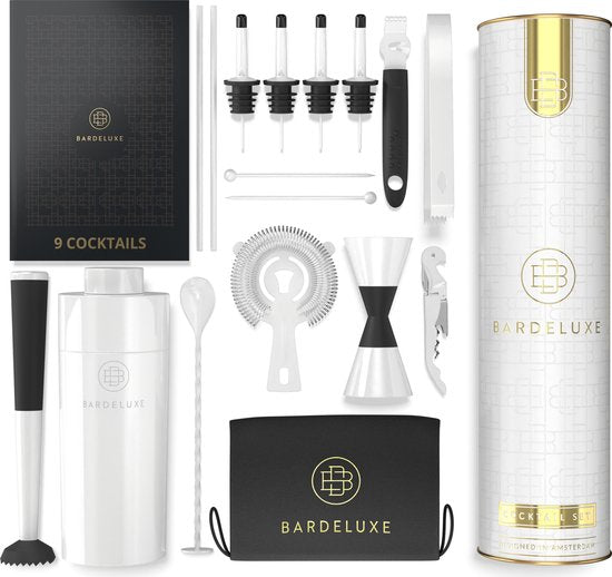 BarDeluxe® Cocktail Set - 12-Delig - Cocktailshaker 750 ml - Roestvrij Staal - Inclusief Luxe Geschenkdoos - Opbergtasje & Receptenboek - Wit