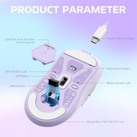ATTACK SHARK Draadloze Gaming Muis - Bekabeld/2.4G/BT5.4 - Lichtgewicht 49G - PAW3395 - 26000DPI - Lavender
