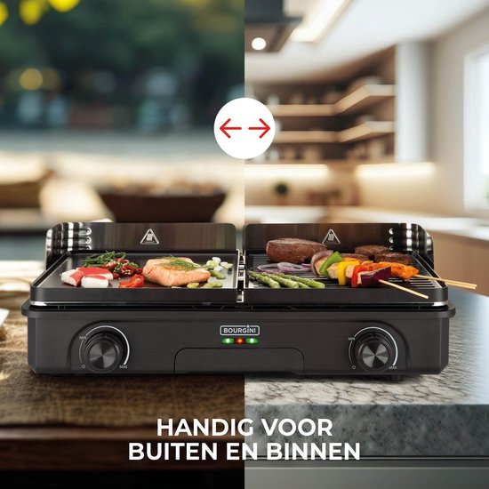 Bourgini Plancha Pure voor 8 personen – Keramische coating (PFAS-vrij) – Elektrisch – Gezond grillen - Bakplaat - Grillplaat - Keerbare bakplaat ribbel en vlak