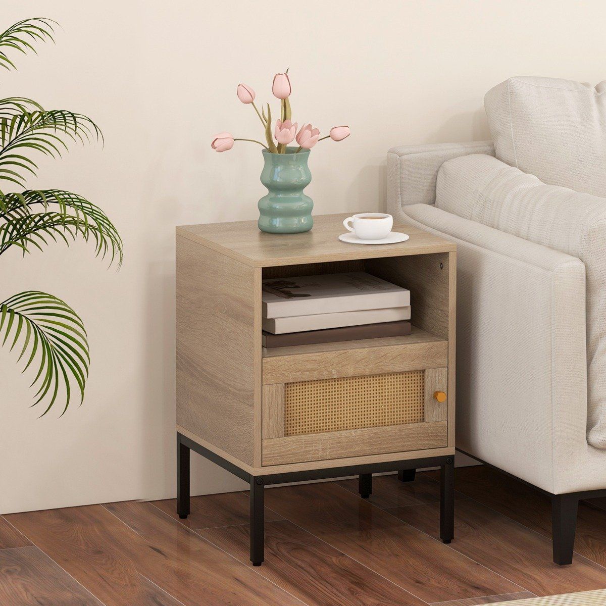 Coast 2-delige set rattan nachtkastjes - open rek en kast - natuurlijk hout - 40 x 40 x 57 cm