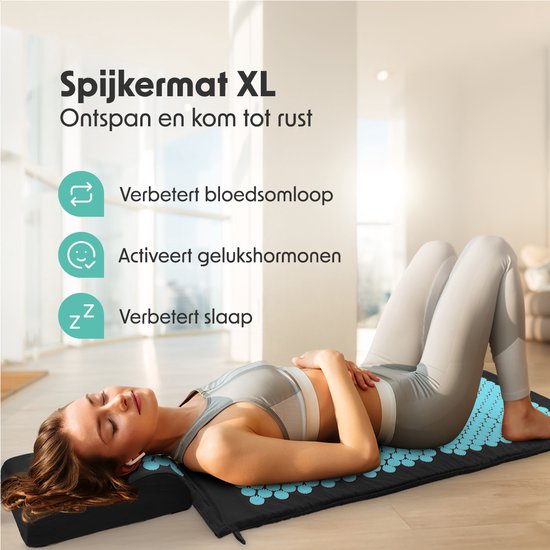 LifeGoods Acupressuur Mat XL - met Kussen - Shakti mat - Spijkermat Incl. 2x Triggerpoint Bal - 128x48x2cm - Zwart/Turquoise