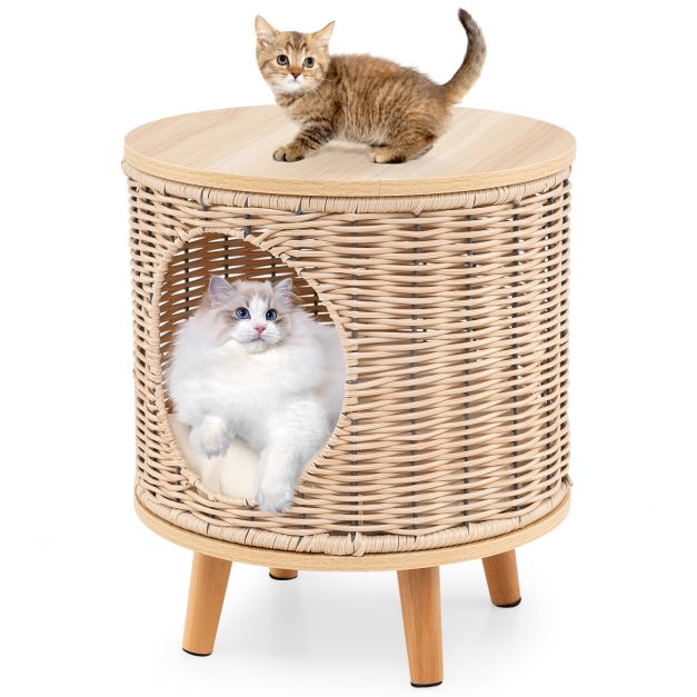 Coast Kattenhuis - Rattan - 36 x 41 cm - Afneembaar Kussen - Houten Poten - Kattenbed - Binnen Kattenmeubel - Natuur