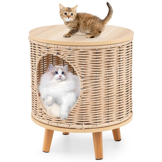Coast Kattenhuis - Rattan - 36 x 41 cm - Afneembaar Kussen - Houten Poten - Kattenbed - Binnen Kattenmeubel - Natuur